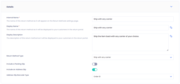 Account setup overview editing return method