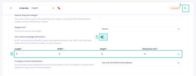 Custom Package Dimensions toggle