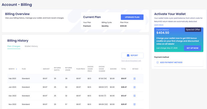 History page wallet