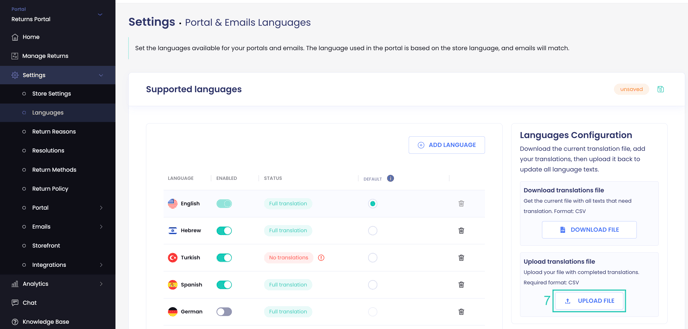 Language upload csv
