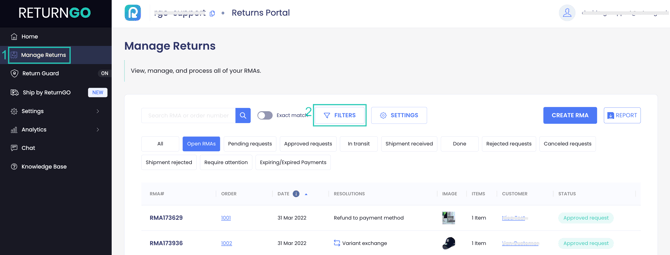 Manage Returns Filter