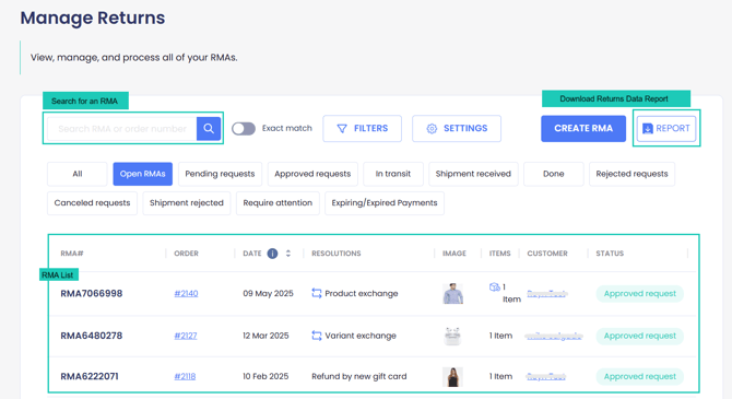Manage Returns Page page 1