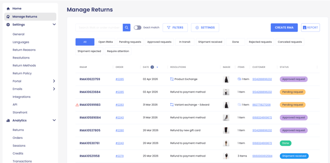Manage Returns Page