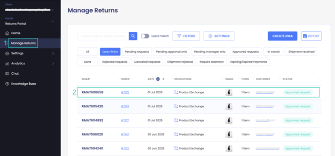 Manage returns page