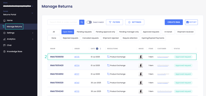 Manage returns page