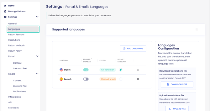 Portal and Email Languages