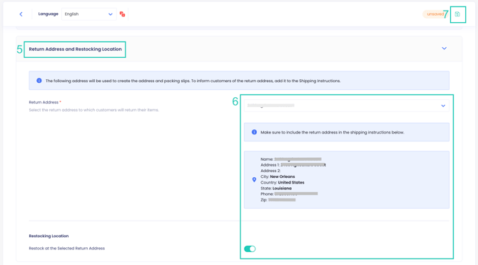 Return Address and Restocking Location section