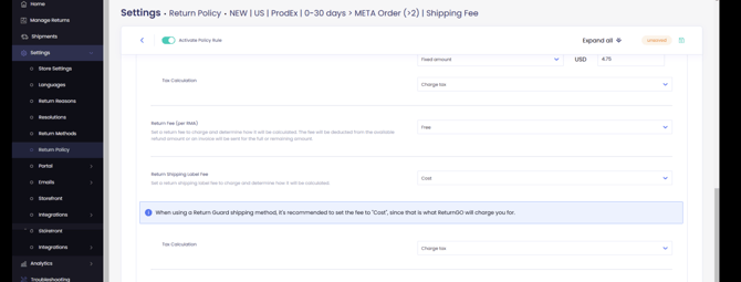 Return Guard policy fee settings