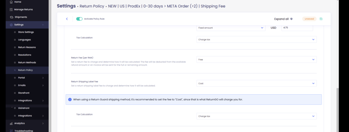 Return Guard policy fee settings