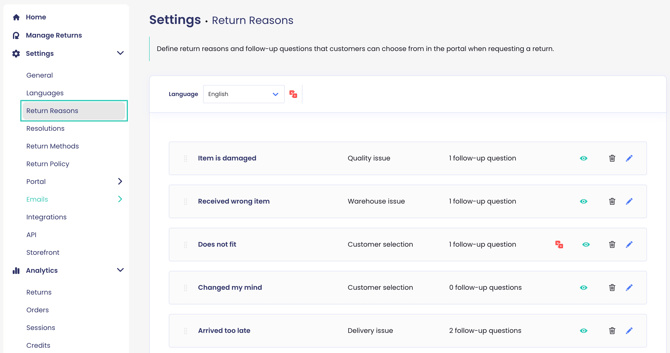 Return reasons page