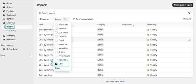 Shopify reporting sales report 1