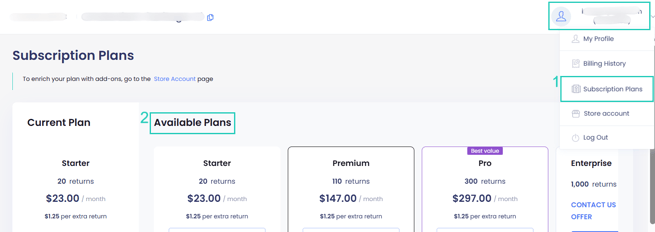 Subscription plans page menu 2