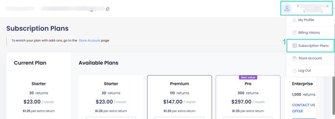 Subscription plans page menu 3