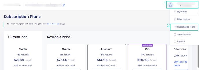 Subscription plans page menu