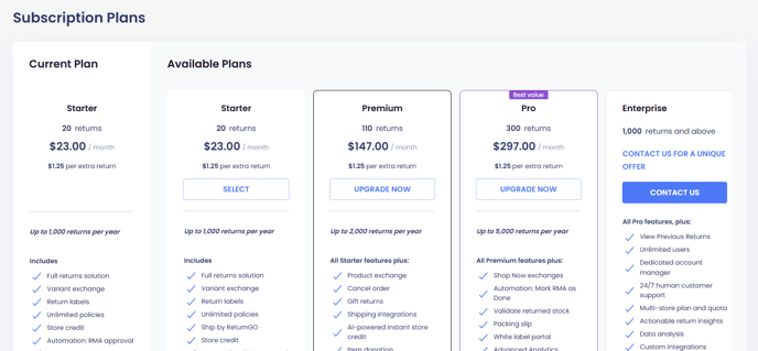 Subscription plans updated page